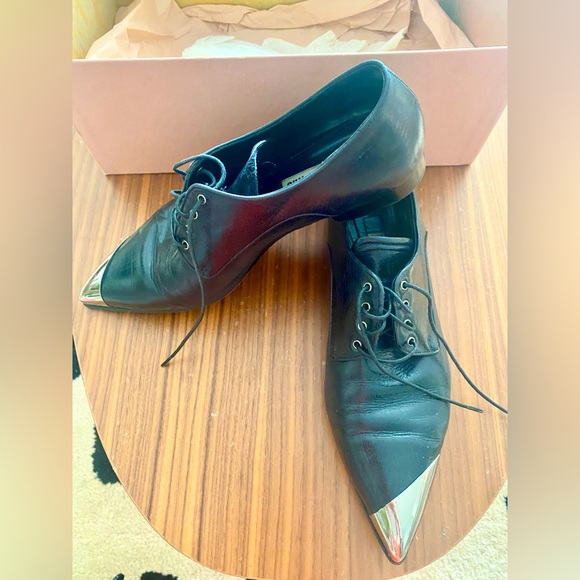 Miu Miu Shoes - RARE Miu Miu Black Leather Pointed Toe Oxfords with Silver Metal Toe Cap EU 37